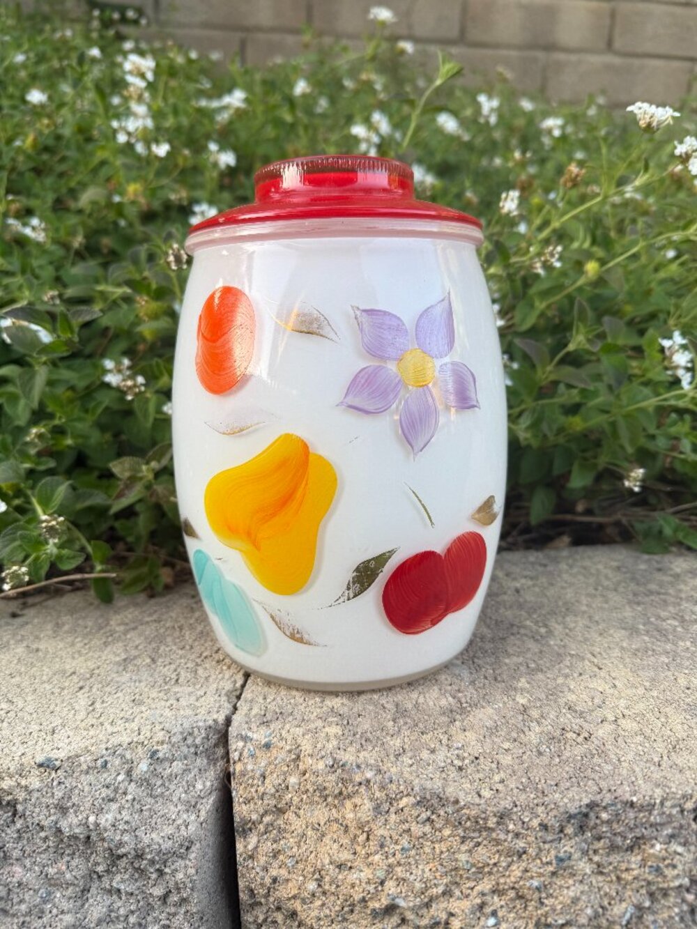 Rare 1950's Bartlett Collins Cookie Jar Glass White Painted Fruit Flowers Gay Fa